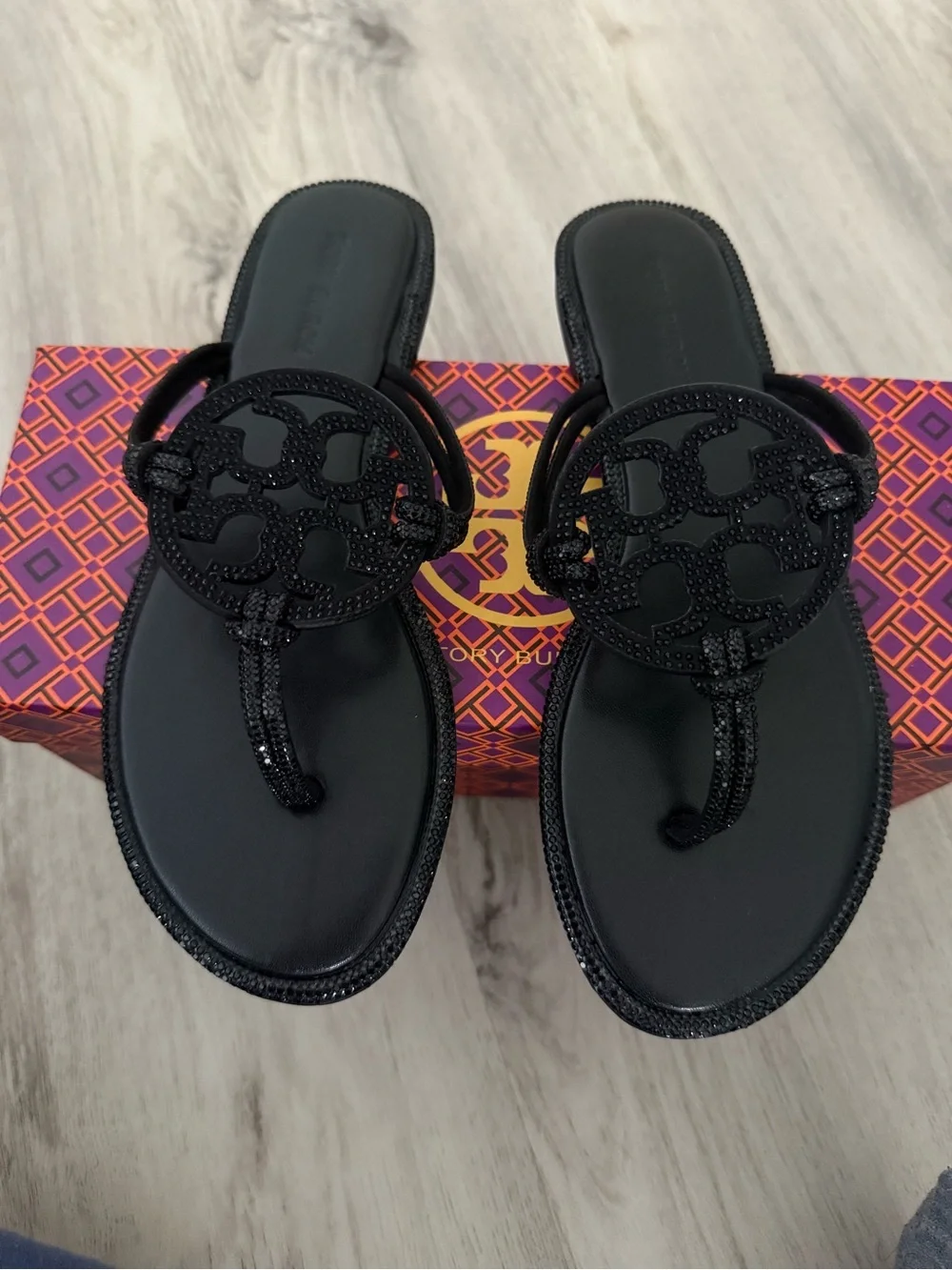 Tory Burch Black Beaded Logo Thong Sandals